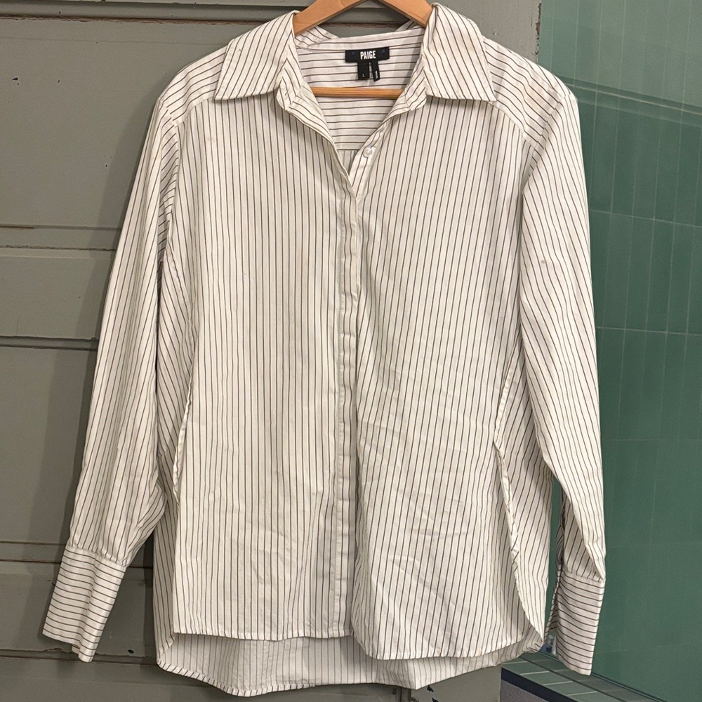 PAIGE White and Olive Green Pinstripe Button Down Shirt